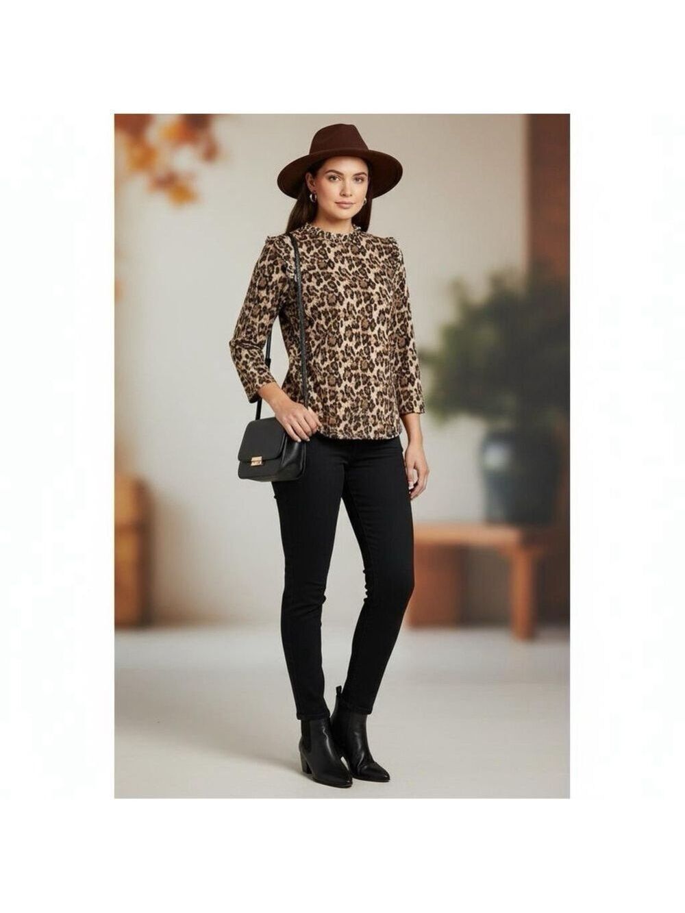 Hayden Brown Leopard Print Ruffle High Neck Pullover Blouse Sweater Size Large